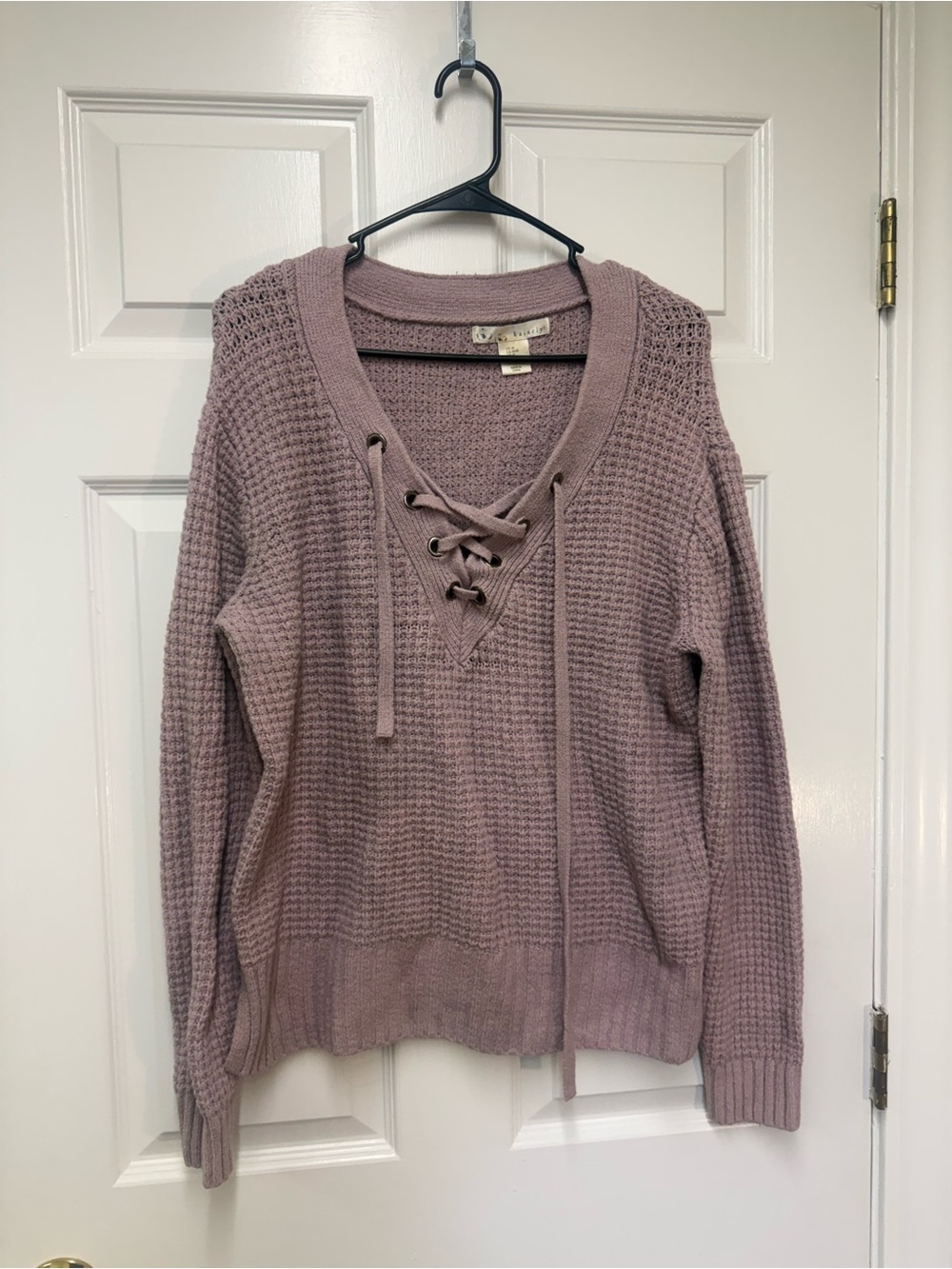 Kaisely Lace-Up V-Neck Waffle Knit Sweater - Mauve Pink
